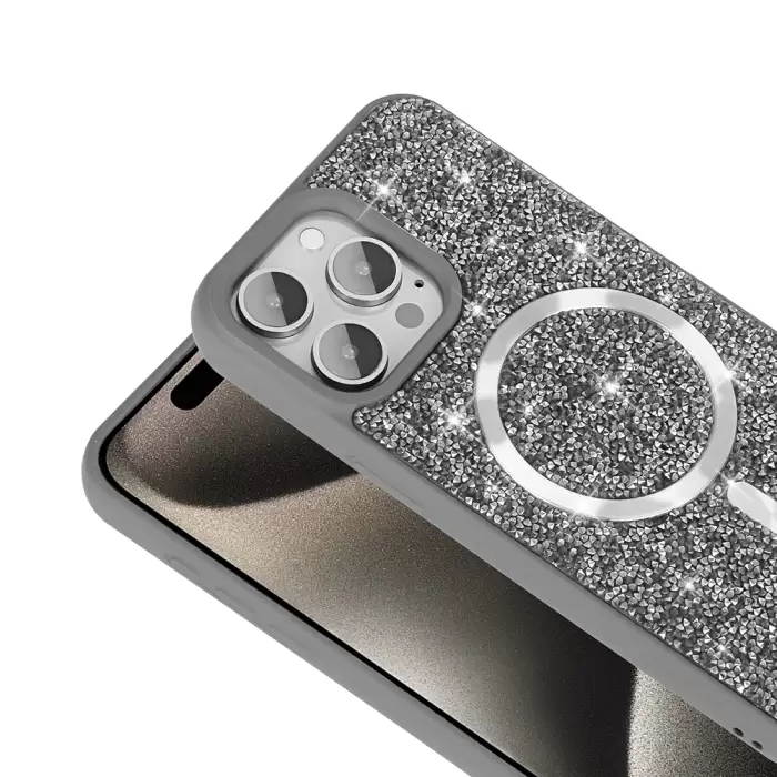 Apple İphone 15 Pro Kılıf Pırlanta Tasarımlı Magsafe Şarj Özellikli Lopard Mozaik Silikon Kapak