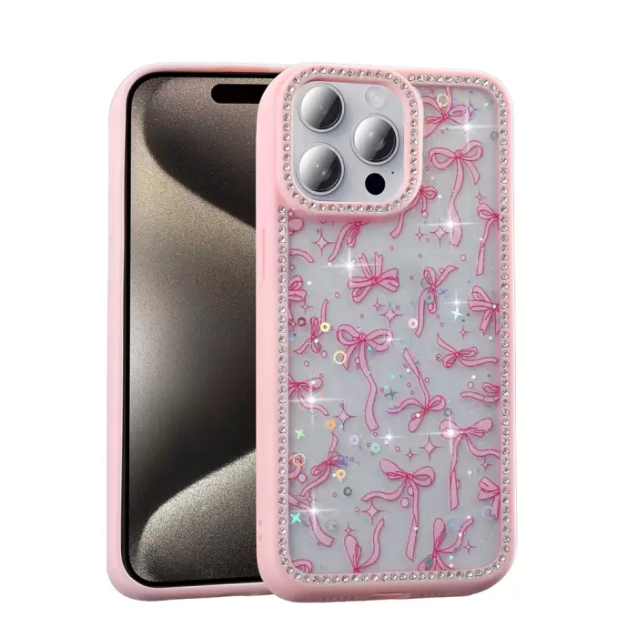 Apple İphone 15 Pro Kılıf Taşlı Ve Simli Tasarım Lopard Azra Kapak