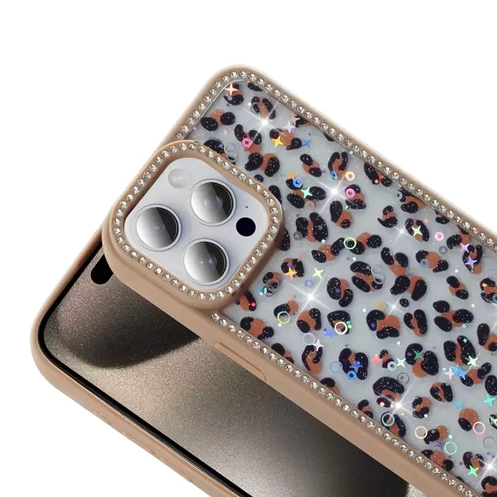 Apple İphone 15 Pro Kılıf Taşlı Ve Simli Tasarım Lopard Azra Kapak