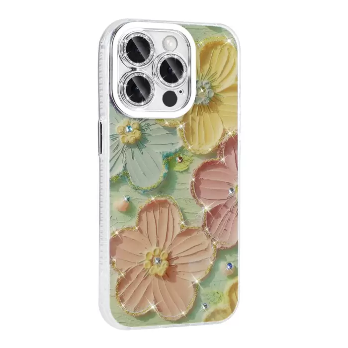 Apple iPhone 15 Pro Max Kılıf Çiçek Desenli Parlak Taşlı Sert Silikon Lopard Garden Kapak