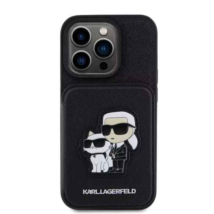 Apple İphone 15 Pro Max Kılıf Karl Lagerfeld Standlı Kartlıklı Saffiano K&c Metal Logo Lisanslı Kapak