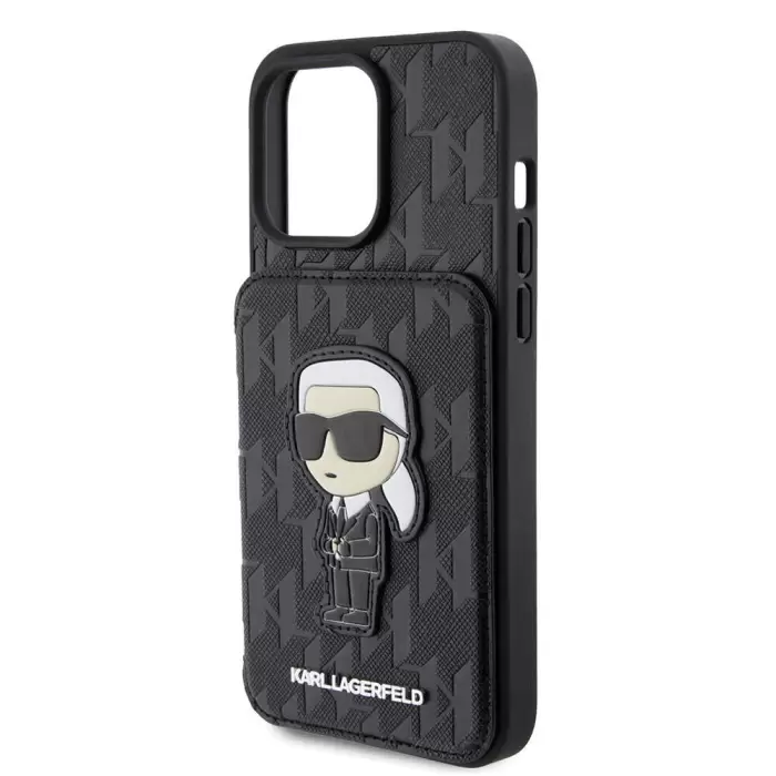 Apple İphone 15 Pro Max Kılıf Karl Lagerfeld Standlı Kartlıklı Saffiano Monogram İkonik Metal Logo Lisanslı Kapak