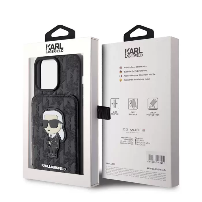 Apple İphone 15 Pro Max Kılıf Karl Lagerfeld Standlı Kartlıklı Saffiano Monogram İkonik Metal Logo Lisanslı Kapak