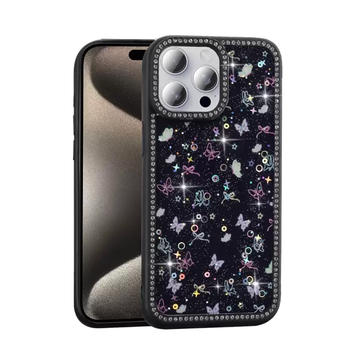 Apple İphone 15 Pro Max Kılıf Taşlı Ve Simli Tasarım Lopard Azra Kapak