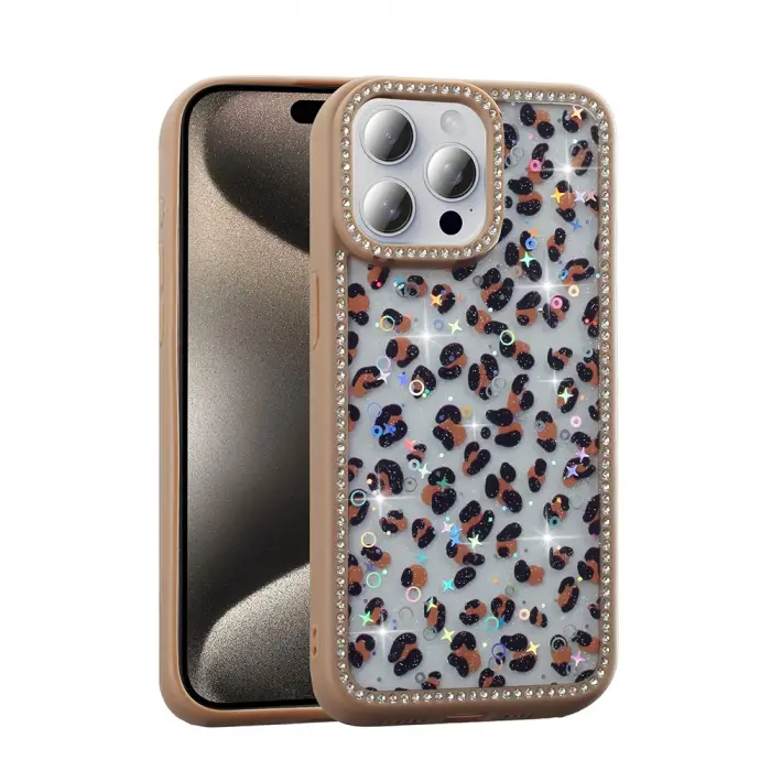 Apple İphone 15 Pro Max Kılıf Taşlı Ve Simli Tasarım Lopard Azra Kapak