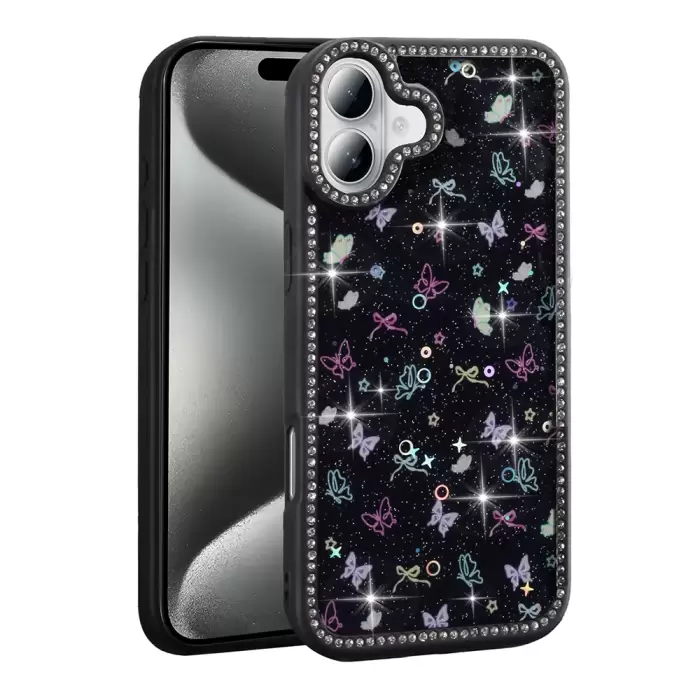 Apple İphone 16 Kılıf Taşlı Ve Simli Tasarım Lopard Azra Kapak