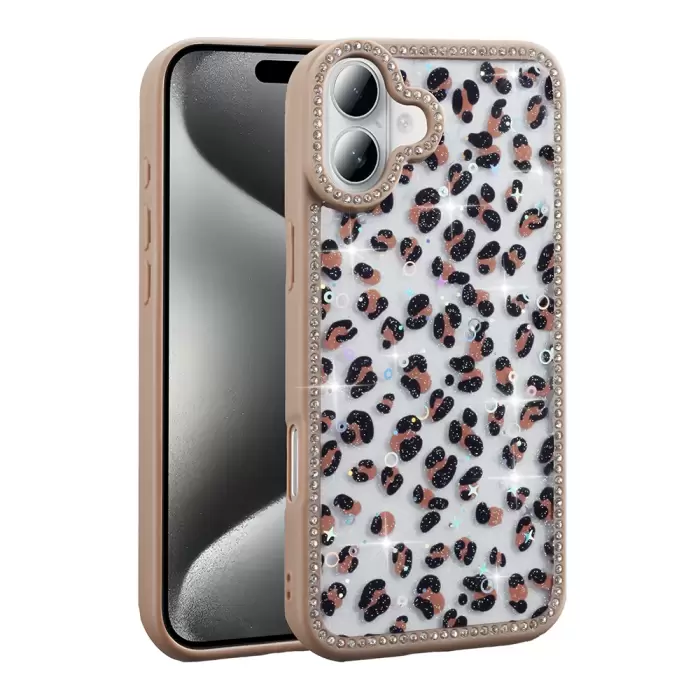 Apple İphone 16 Plus Kılıf Taşlı Ve Simli Tasarım Lopard Azra Kapak