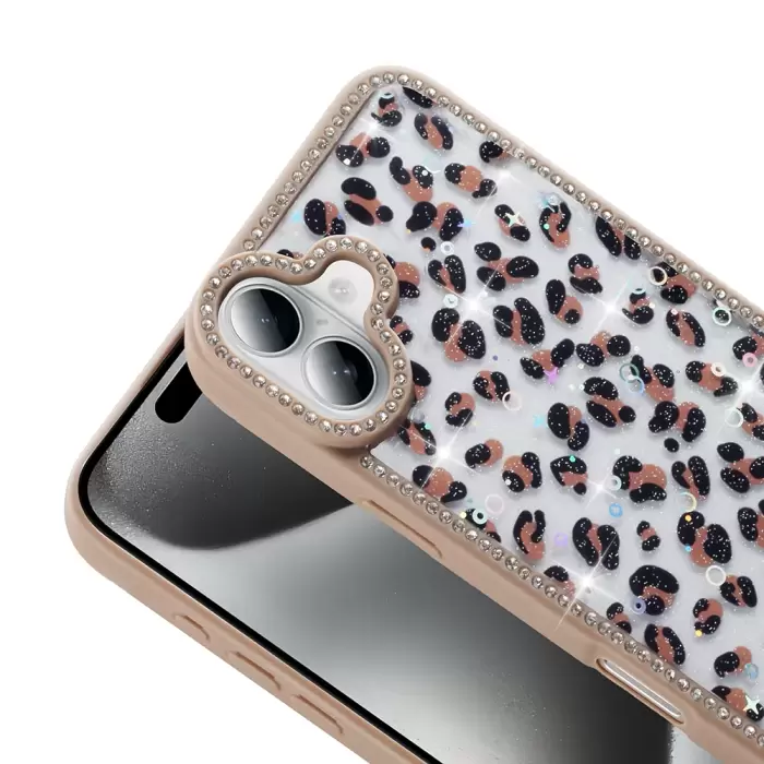 Apple İphone 16 Plus Kılıf Taşlı Ve Simli Tasarım Lopard Azra Kapak
