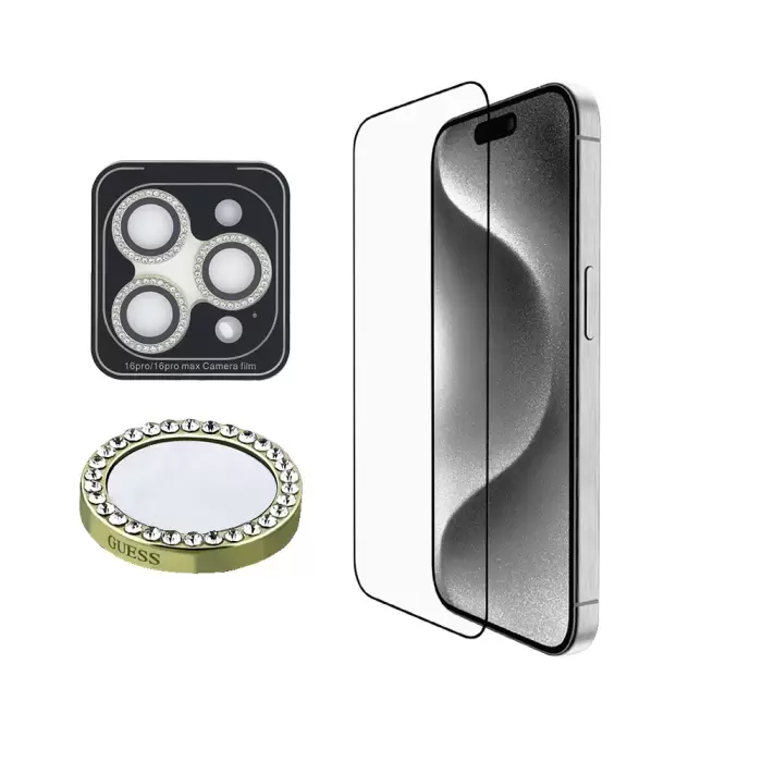 Apple İphone 16 Pro Guess Marka Lisanslı Rhinestone Ekran Koruyucu + Lens Koruyucu 2in1 Aksesuar Seti