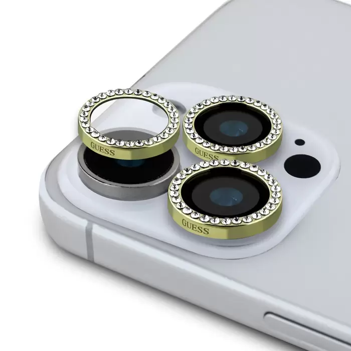 Apple İphone 16 Pro Guess Marka Lisanslı Rhinestone Ekran Koruyucu + Lens Koruyucu 2in1 Aksesuar Seti