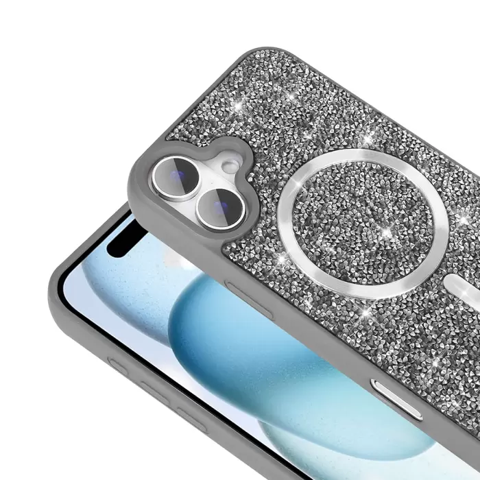 Apple İphone 16 Pro Kılıf Pırlanta Tasarımlı Magsafe Şarj Özellikli Lopard Mozaik Silikon Kapak