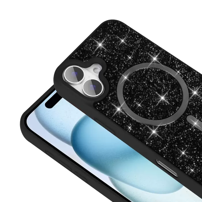 Apple İphone 16 Pro Kılıf Pırlanta Tasarımlı Magsafe Şarj Özellikli Lopard Mozaik Silikon Kapak