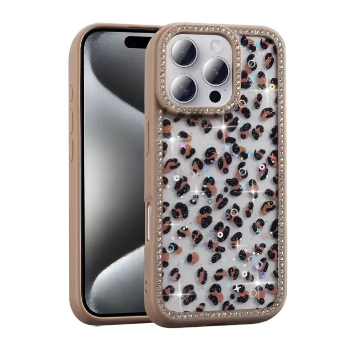 Apple İphone 16 Pro Kılıf Taşlı Ve Simli Tasarım Lopard Azra Kapak