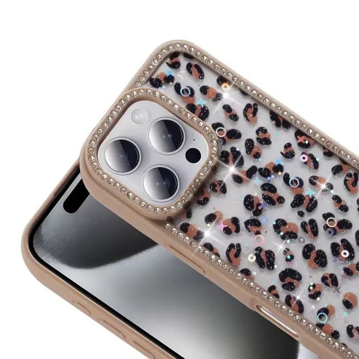 Apple İphone 16 Pro Kılıf Taşlı Ve Simli Tasarım Lopard Azra Kapak