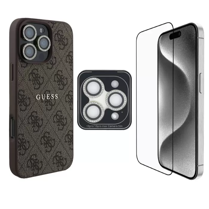 Apple İphone 16 Pro Max Guess Marka Lisanslı Kılıf + Ekran Koruyucu + Lens Koruyucu 3in1 Aksesuar Seti