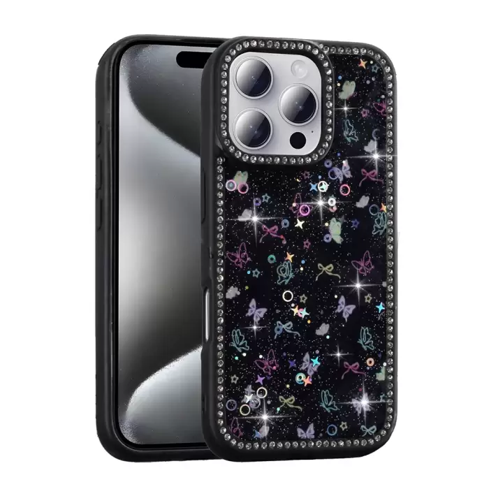 Apple İphone 16 Pro Max Kılıf Taşlı Ve Simli Tasarım Lopard Azra Kapak