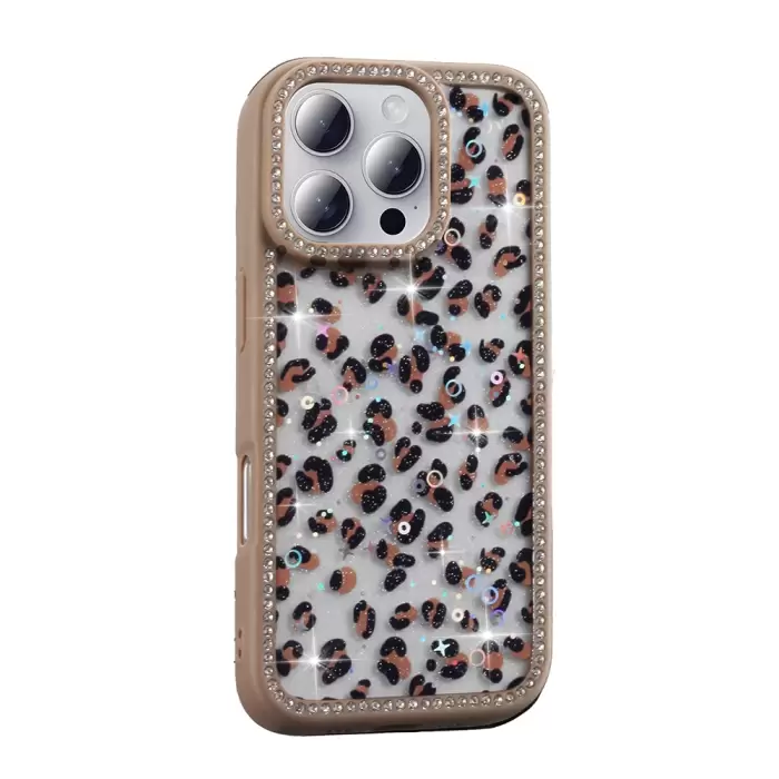 Apple İphone 16 Pro Max Kılıf Taşlı Ve Simli Tasarım Lopard Azra Kapak
