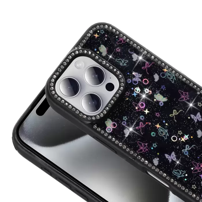 Apple İphone 16 Pro Max Kılıf Taşlı Ve Simli Tasarım Lopard Azra Kapak