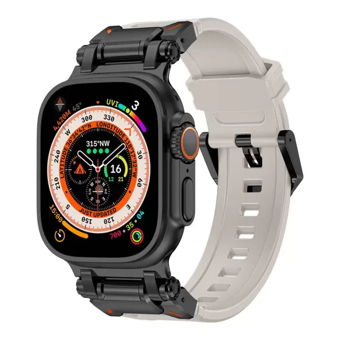 Apple Watch 44mm Lopard KRD-101 Titanyum Metal Başlıklı Silikon Kordon