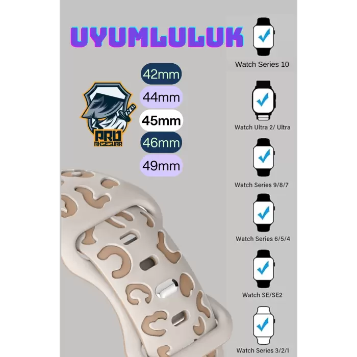 Apple Watch Seri 10 46mm Leopar Desenli İç Kabartmalı Yumuşak Silikon Kordon Ultra Uyumlu, 2/3/4/5/6/se/7/8/9