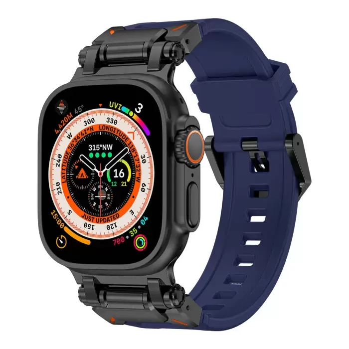 Apple Watch 7 45mm Lopard KRD-101 Titanyum Metal Başlıklı Silikon Kordon