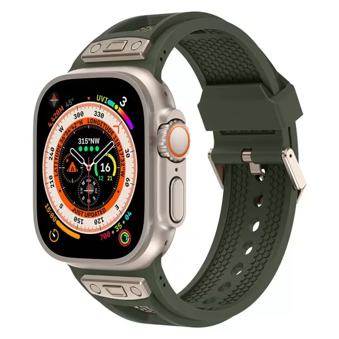 Apple Watch 7 45mm  KRD-117 Hava Alabilen Delikli Metal Süslemeli Desenli Silikon Kordon