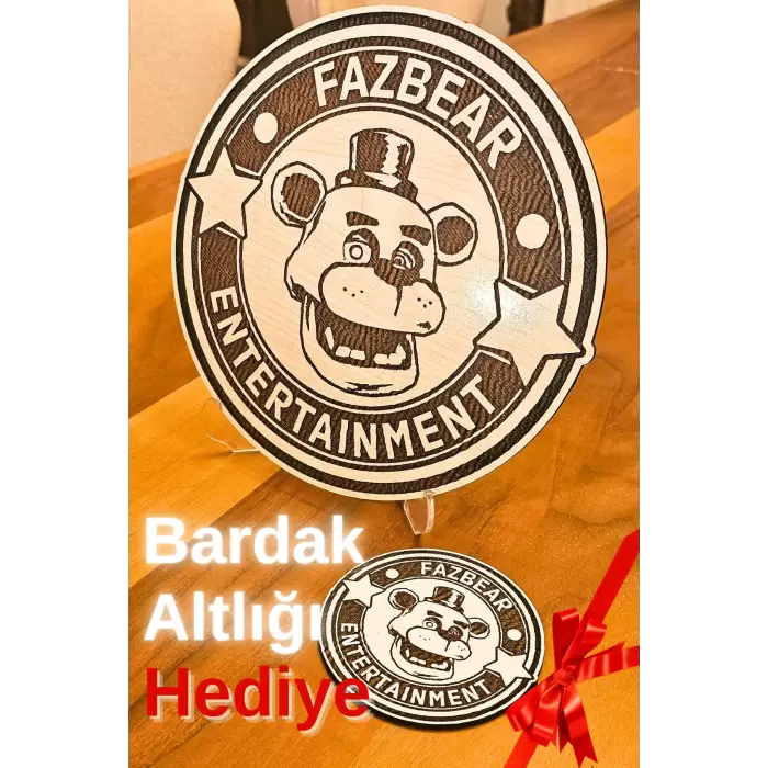 Fazbear Fnaf Ahşap Masa-Ofis Süsü 3d Kabartmalı Obje Tablo + Bardak Altlığı Freddy’nin Pizza Dükkânı’nda Beş Gece