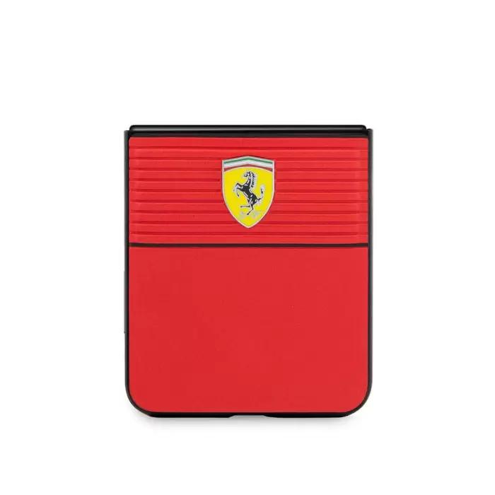 Galaxy Z Flip 5 Kılıf Ferrari Orjinal Lisanslı Pu Deri Metal Logolu Multi Çizgili Kapak
