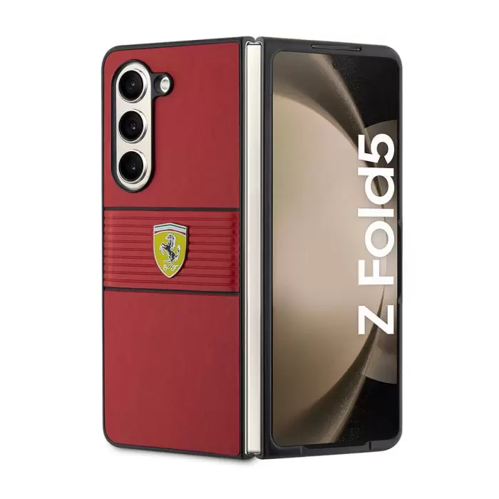 Galaxy Z Fold 5 Kılıf Ferrari Orjinal Lisanslı Pu Deri Metal Logolu Multi Çizgili Kapak
