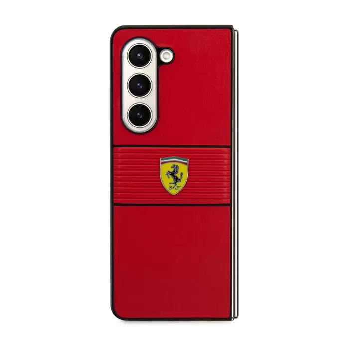 Galaxy Z Fold 5 Kılıf Ferrari Orjinal Lisanslı Pu Deri Metal Logolu Multi Çizgili Kapak