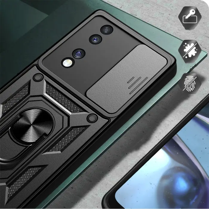 Honor 70 Kılıf Magnetik Standlı Kamera Korumalı Lopard Sürgülü Kamera Korumalı Yüzüklü Tasarım Armor Vega