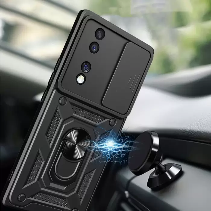 Honor 70 Kılıf Magnetik Standlı Kamera Korumalı Lopard Sürgülü Kamera Korumalı Yüzüklü Tasarım Armor Vega
