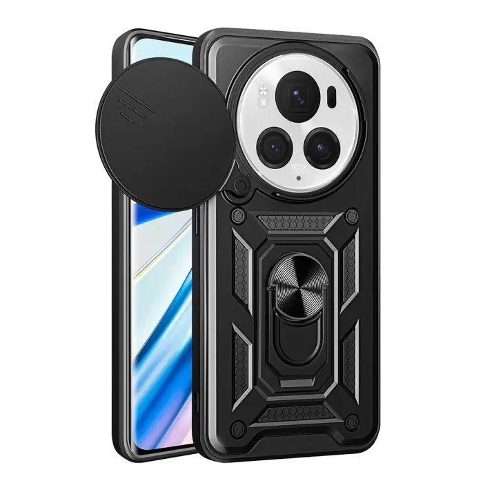 Honor Magic 6 Pro Kılıf Magnetik Standlı Kamera Korumalı Lopard Sürgülü Kamera Korumalı Yüzüklü Tasarım Armor Vega