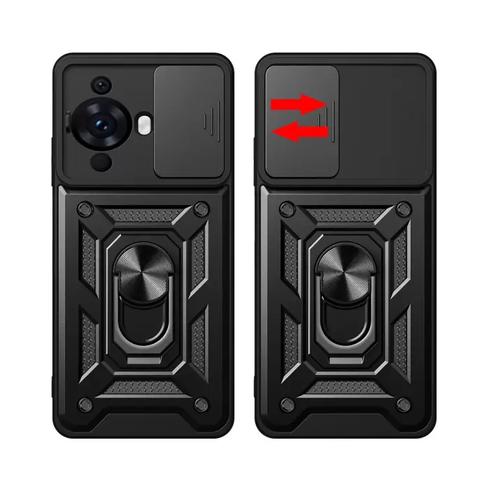 Huawei Nova 12s Kılıf Magnetik Standlı Kamera Korumalı Lopard Sürgülü Kamera Korumalı Yüzüklü Tasarım Armor Vega