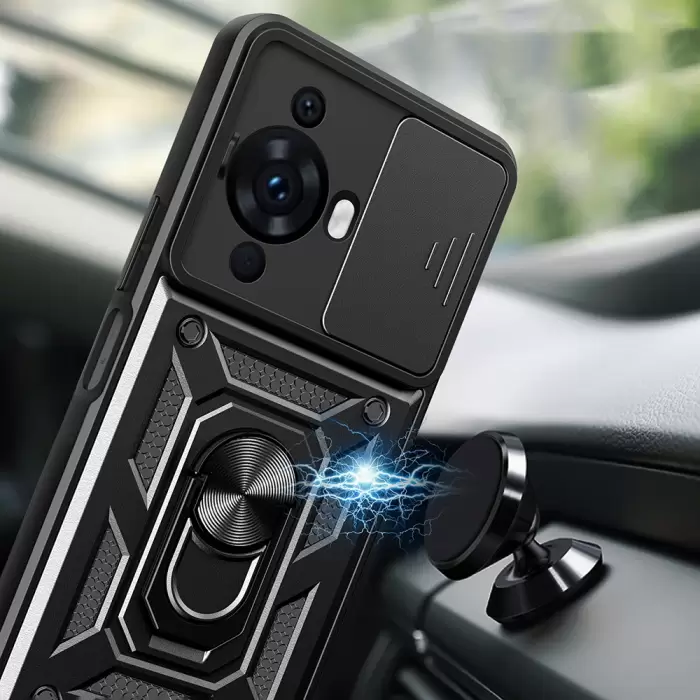 Huawei Nova 12s Kılıf Magnetik Standlı Kamera Korumalı Lopard Sürgülü Kamera Korumalı Yüzüklü Tasarım Armor Vega