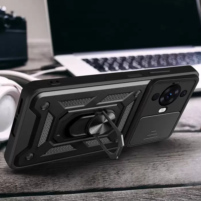 Huawei Nova 12s Kılıf Magnetik Standlı Kamera Korumalı Lopard Sürgülü Kamera Korumalı Yüzüklü Tasarım Armor Vega
