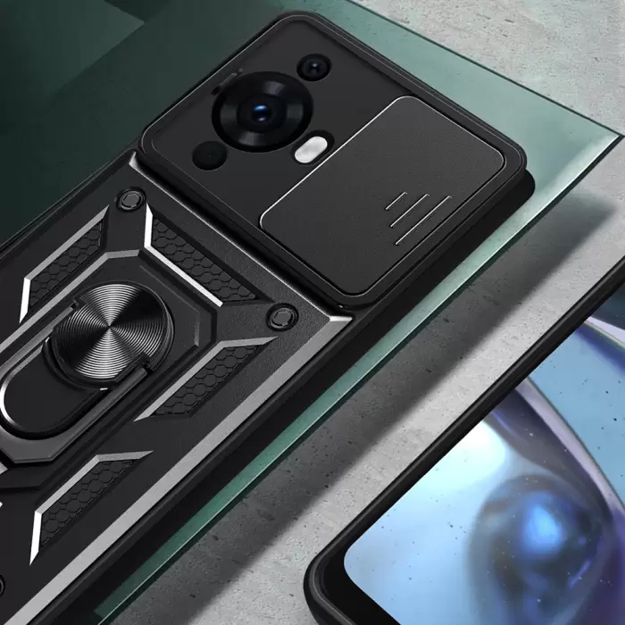 Huawei Nova 12s Kılıf Magnetik Standlı Kamera Korumalı Lopard Sürgülü Kamera Korumalı Yüzüklü Tasarım Armor Vega