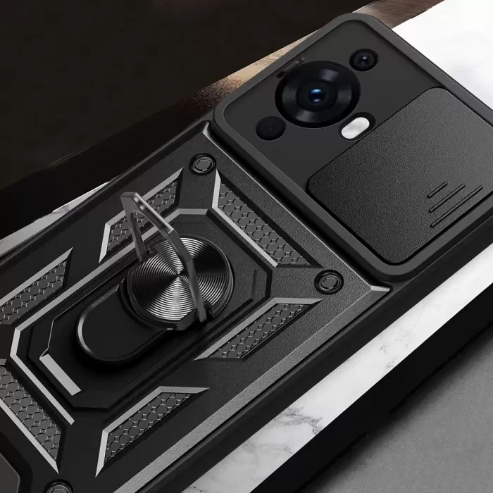 Huawei Nova 12s Kılıf Magnetik Standlı Kamera Korumalı Lopard Sürgülü Kamera Korumalı Yüzüklü Tasarım Armor Vega