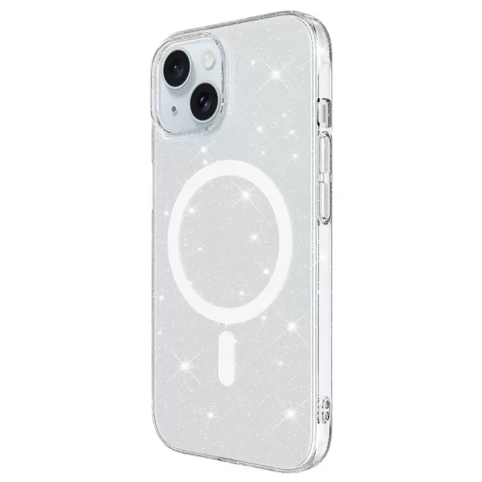 iPhone 15 Kılıf Lopard Magsafe Şarj Özellikli Simli Şeffaf Arka Yüzey Erdos Silikon Kapak