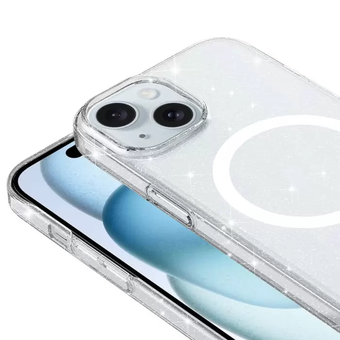 iPhone 15 Plus Kılıf Lopard Magsafe Şarj Özellikli Simli Şeffaf Arka Yüzey Erdos Silikon Kapak