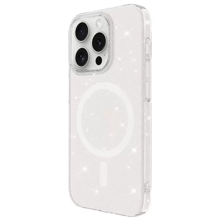 iPhone 15 Pro Max Kılıf Lopard Magsafe Şarj Özellikli Simli Şeffaf Arka Yüzey Erdos Silikon Kapak