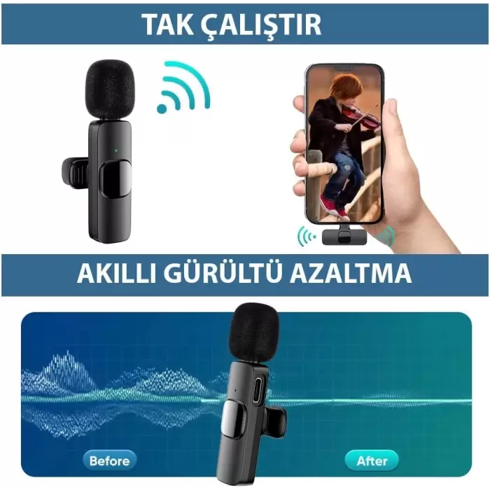 Kablosuz Yaka Mikrofonu Type-C 2li Mini Mikrofon Youtube Tik Tok 2 Adet