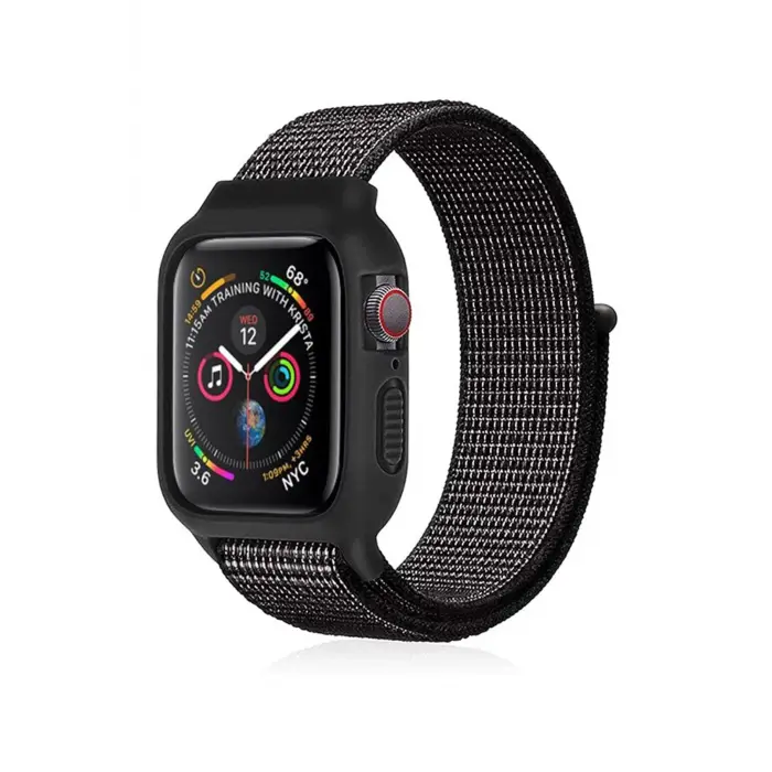 Lopard Apple Watch 38mm Hasırlı Cırtcırtlı Kasalı Kordon - Benekli Siyah