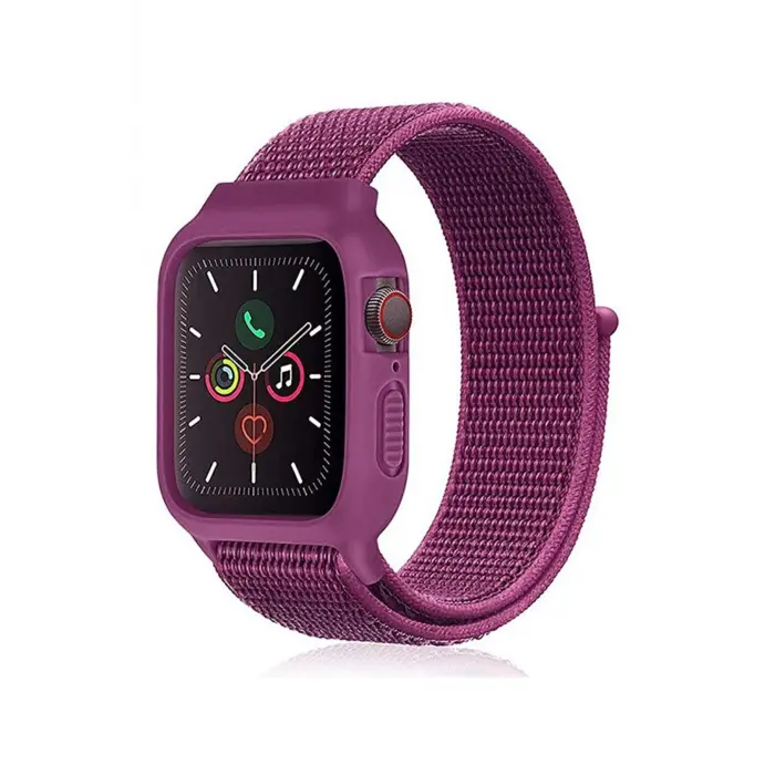 Lopard Apple Watch 38mm Hasırlı Cırtcırtlı Kasalı Kordon - Fuşya