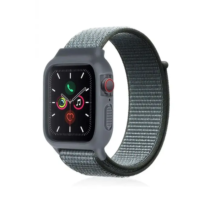 Lopard Apple Watch 38mm Hasırlı Cırtcırtlı Kasalı Kordon - Gri-turkuaz