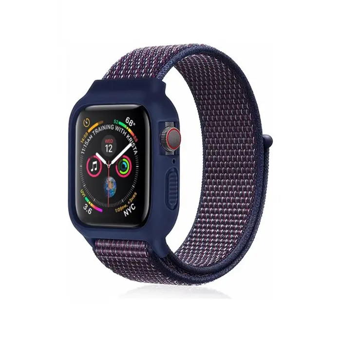 Lopard Apple Watch 38mm Hasırlı Cırtcırtlı Kasalı Kordon - Lacivert-mürdüm