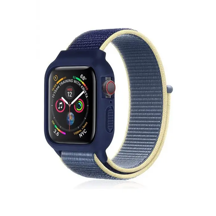 Lopard Apple Watch 38mm Hasırlı Cırtcırtlı Kasalı Kordon - Sarı-lacivert
