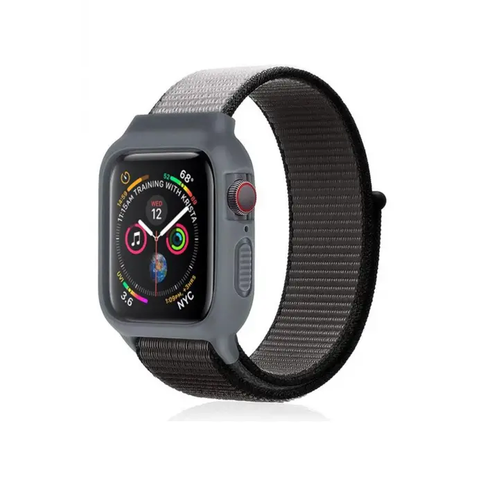 Lopard Apple Watch 38mm Hasırlı Cırtcırtlı Kasalı Kordon - Siyah-gri