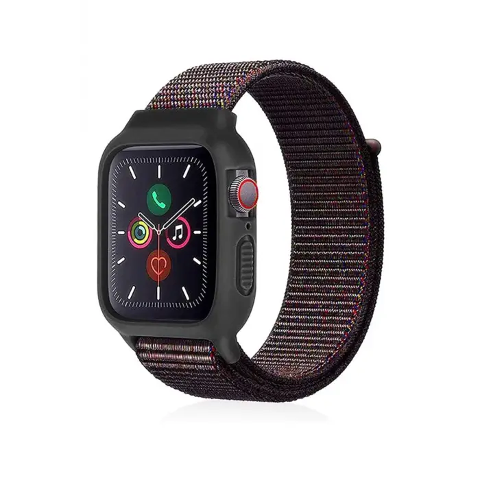Lopard Apple Watch 38mm Hasırlı Cırtcırtlı Kasalı Kordon - Siyah-mavi