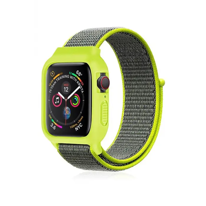 Lopard Apple Watch 38mm Hasırlı Cırtcırtlı Kasalı Kordon - Yeşil